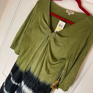 One World green, black and white tie dye women’s blouse top size medium
